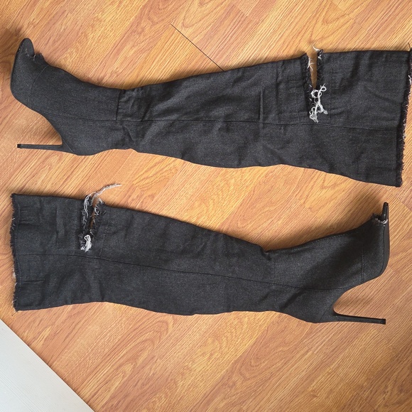 Lilliana Knee High Boots 8.5 Black Denim Over The Knee Distress Cutout - Picture 6 of 6